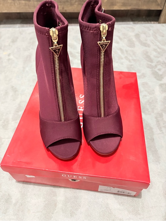 Guess Shoes - Guess Burgundy Peep-Toe Front-Zip Stretch Booties
